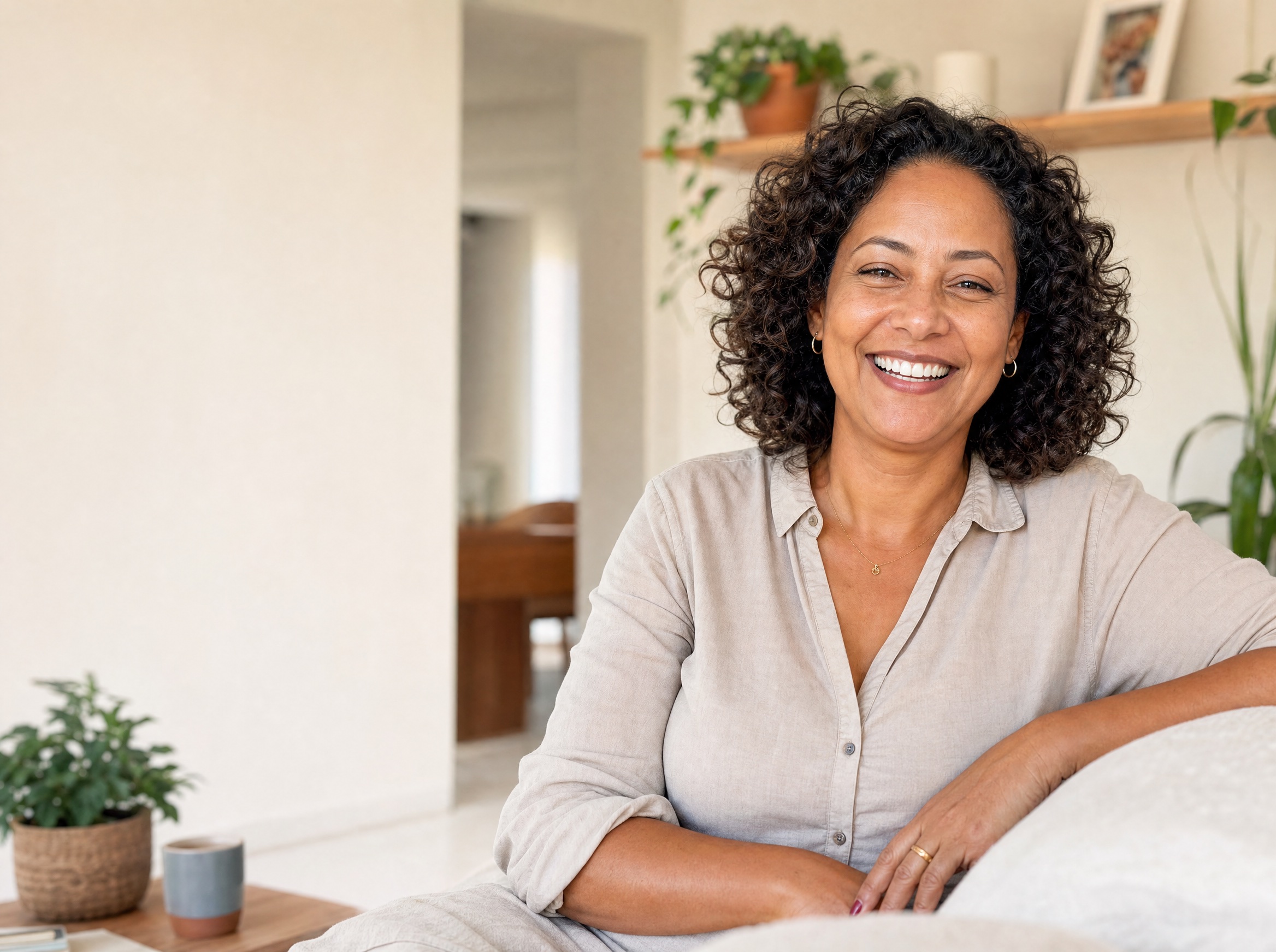 Mulher feliz e saudável em casa