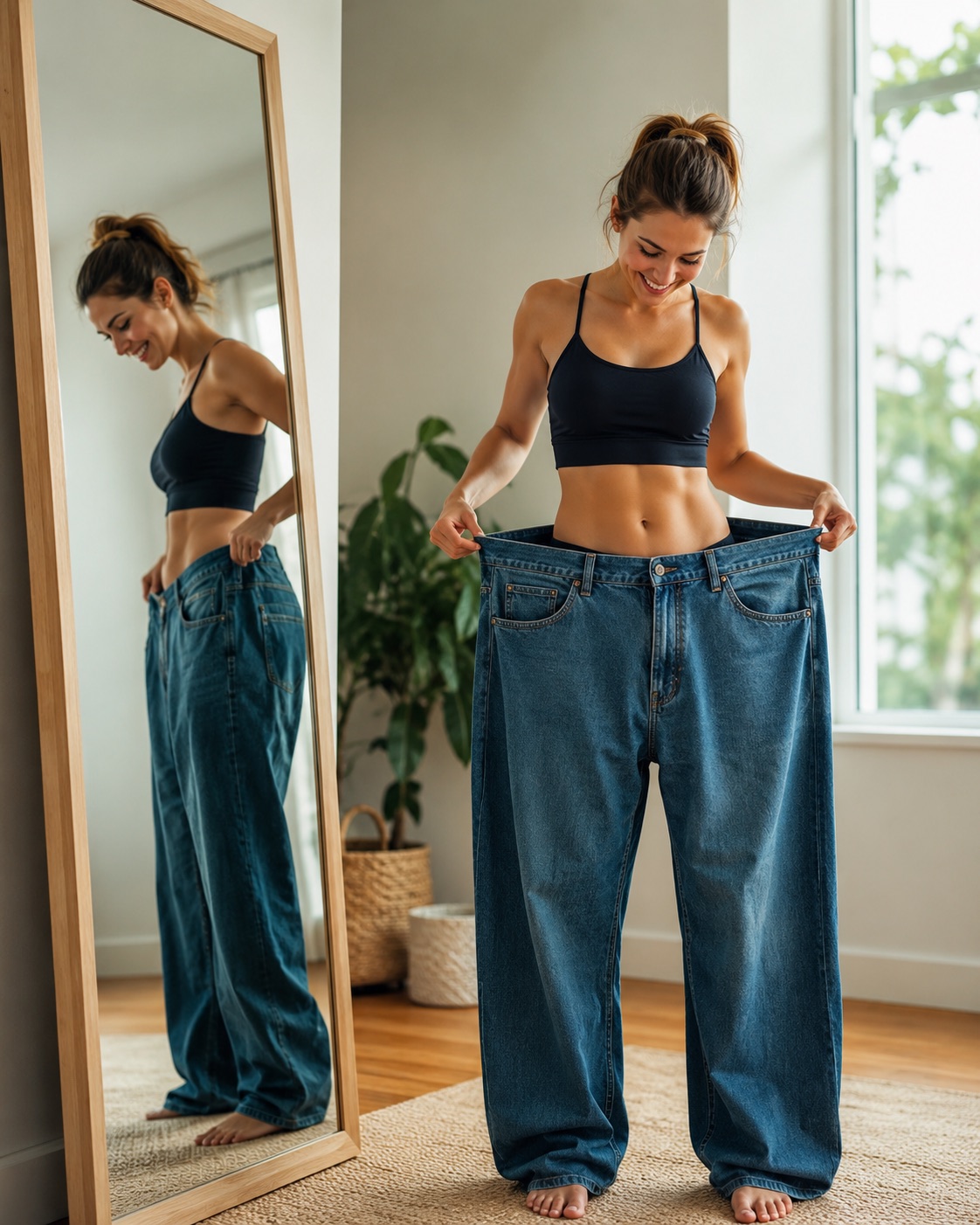 Mulher experimentando a calça antiga, agora larga