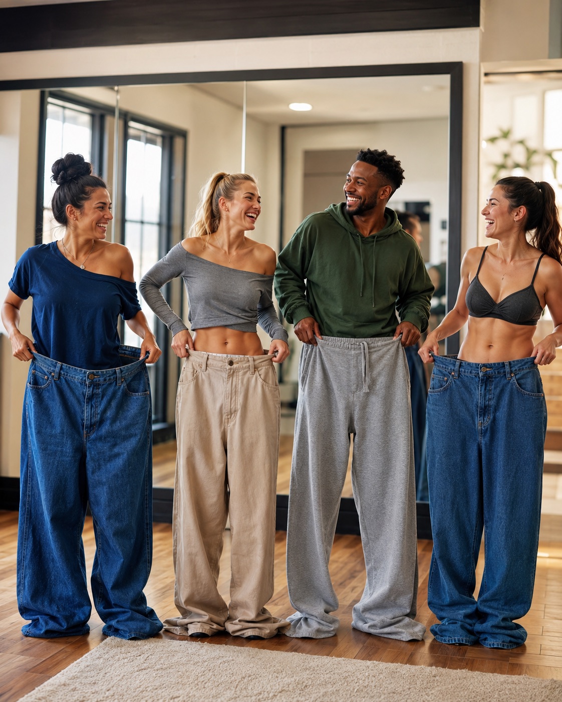 Grupo celebrando o progresso com roupas antigas